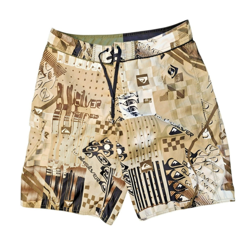 Quiksilver Mens Board Shorts Size 34 Tan Abstract Graphic Print Swim Trunks